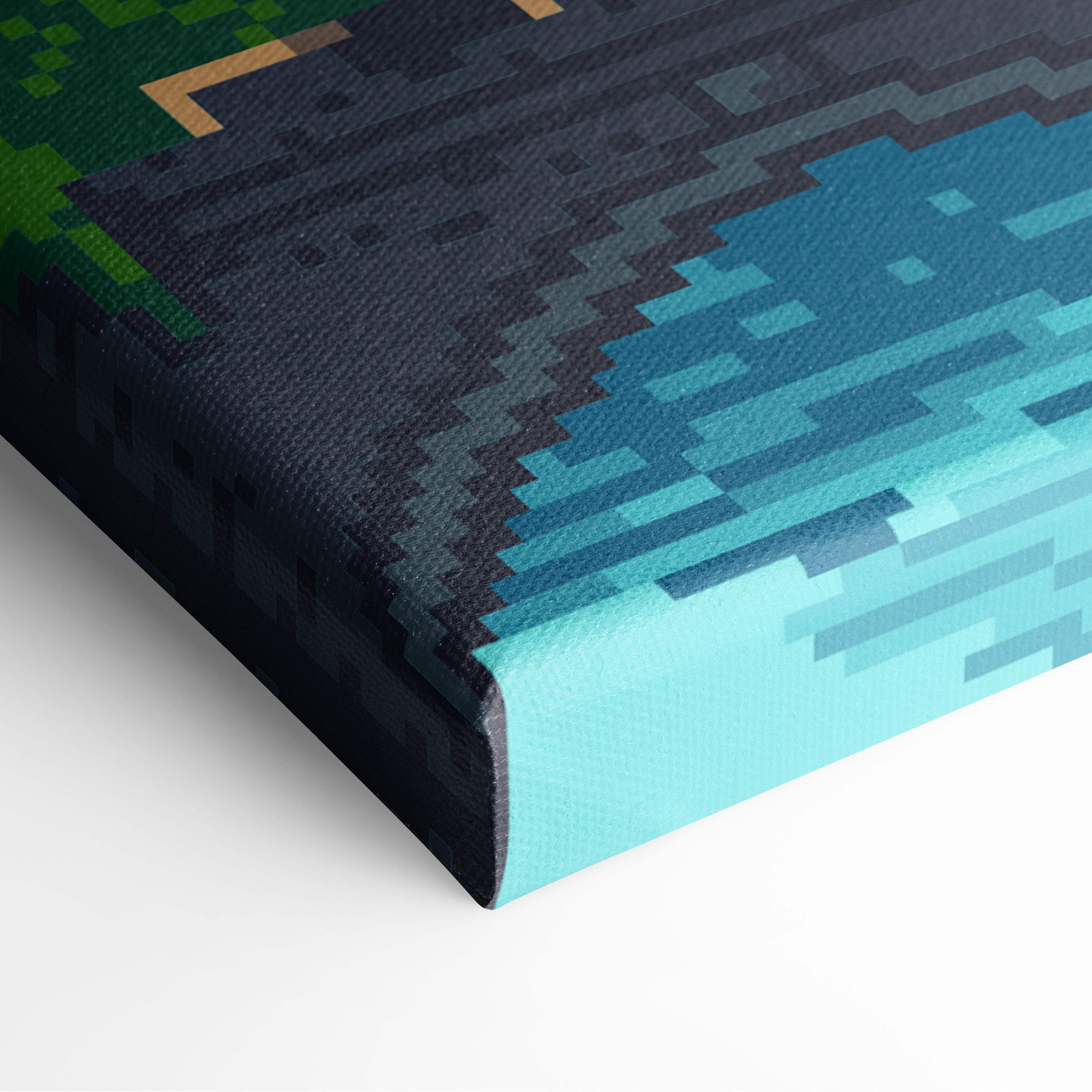 Pixelated fantasy mountain pixel art canvas print with teal water dark blue sky and green terrain for game decor