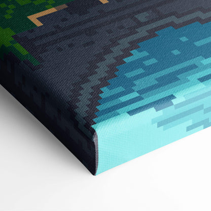Pixelated fantasy mountain pixel art canvas print with teal water dark blue sky and green terrain for game decor