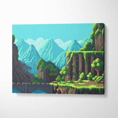 Pixel-art canvas print of a vibrant retro mountain landscape with green castle ruins and lush medieval nature decor