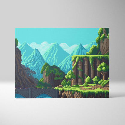 Fantasy mountain pixel art canvas print featuring vibrant green mountains lush foliage and stone bridge under blue sky