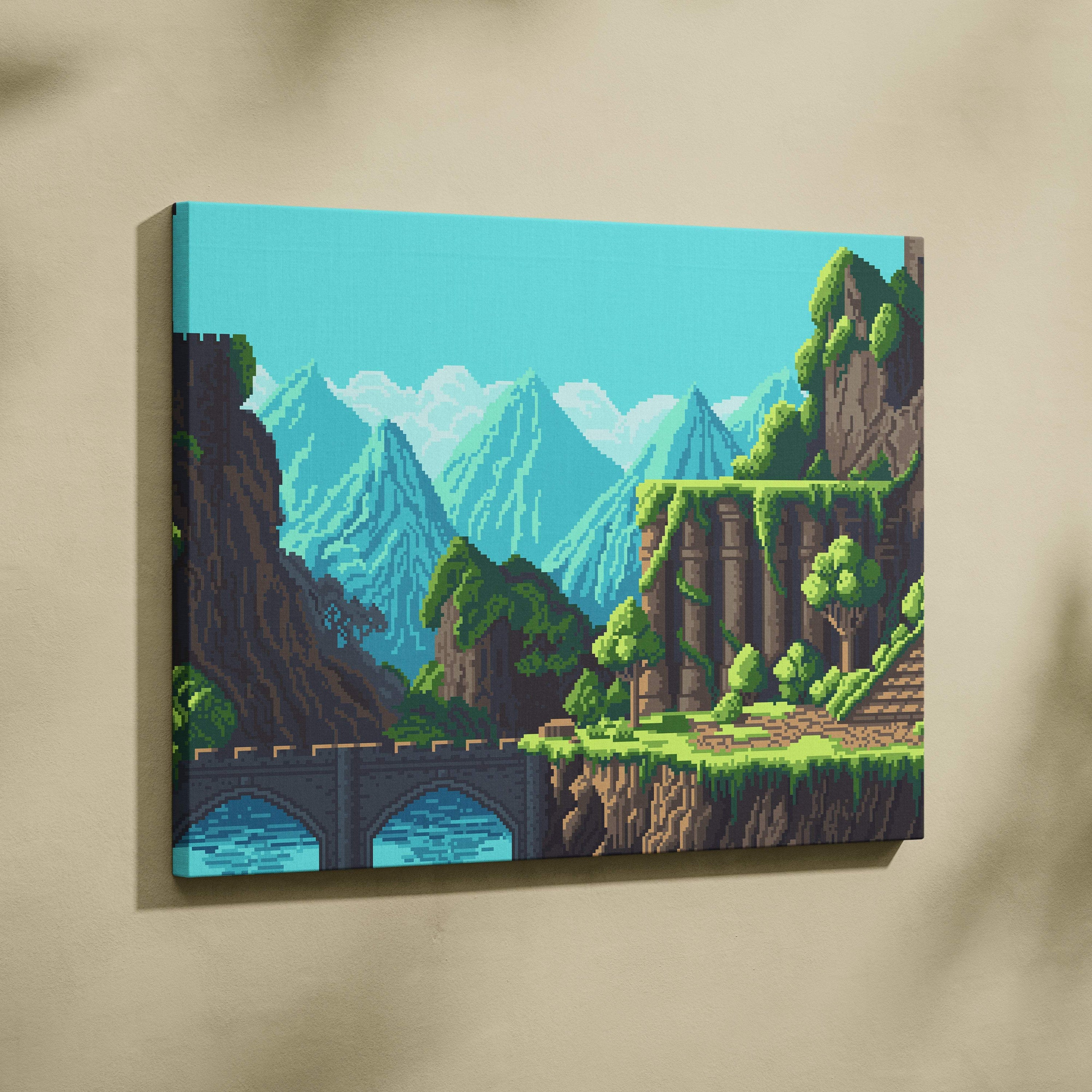 Fantasy mountain pixel art canvas print featuring a pixelated bridge over water with green trees and mountains
