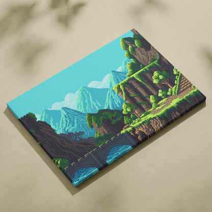 Fantasy mountain pixel art canvas print featuring retro green castle ruins and vibrant nature landscape decor