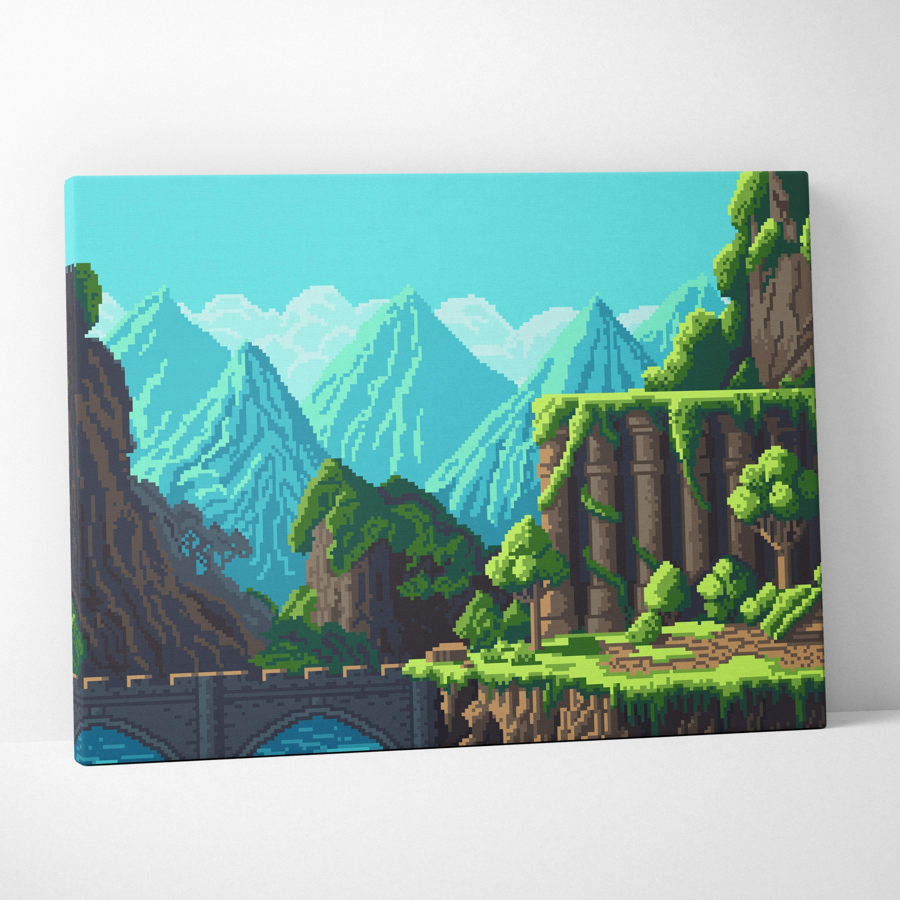 Fantasy mountain pixel art canvas print featuring turquoise mountains green foliage and a stone bridge under clear sky