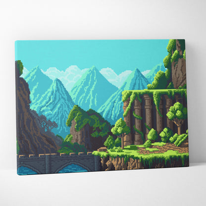 Fantasy mountain pixel art canvas print featuring turquoise mountains green foliage and a stone bridge under clear sky