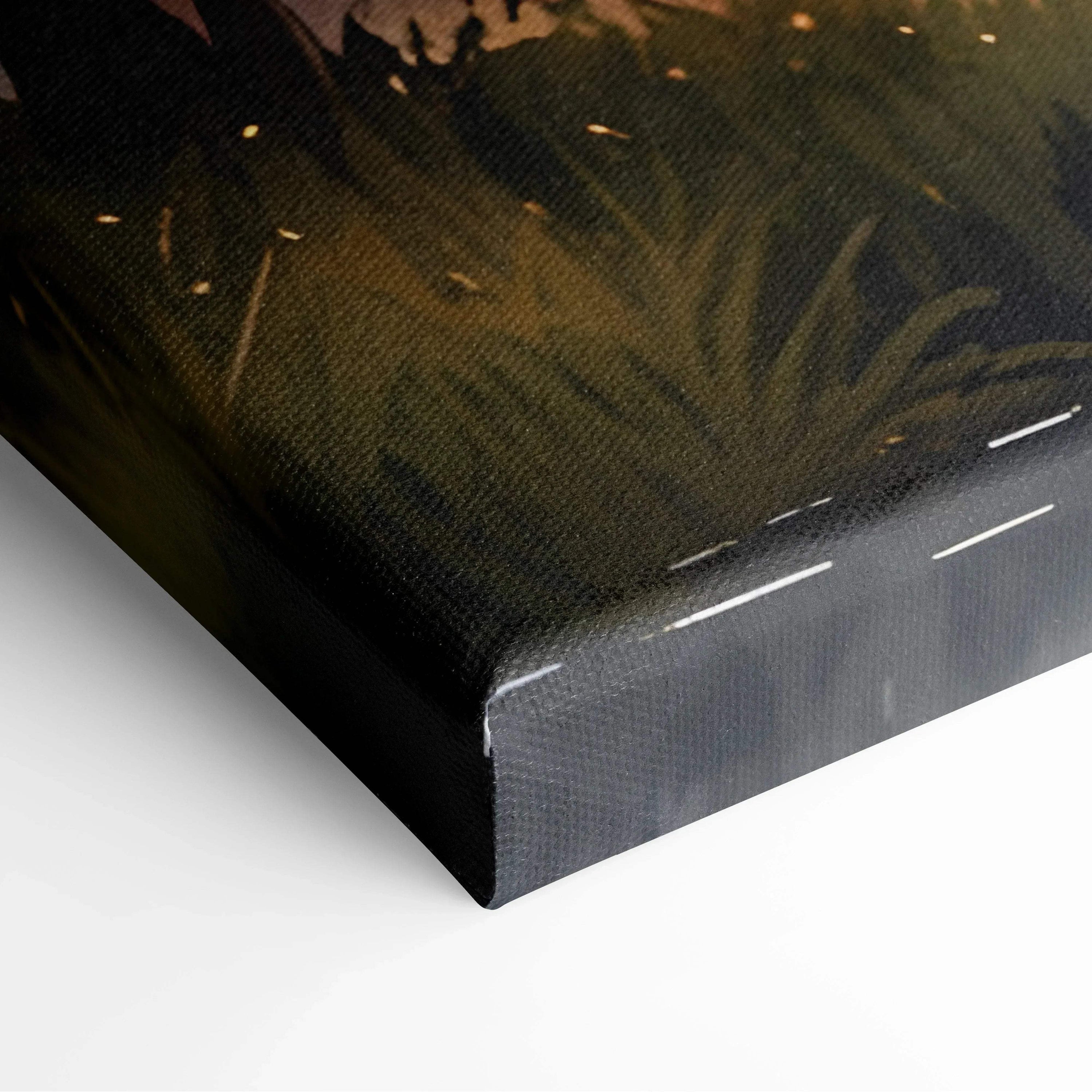 Close-up of stretched canvas wall art corner with dark green and brown watercolor autumn sunset design.