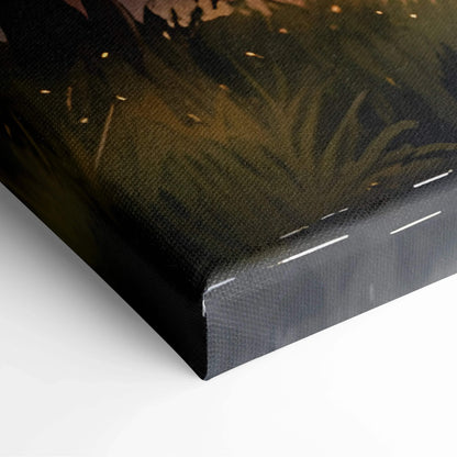 Close-up of stretched canvas wall art corner with dark green and brown watercolor autumn sunset design.