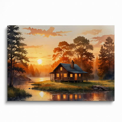 Watercolor poster of a sunset over a lake with a cabin surrounded by trees, serene nature wall art.