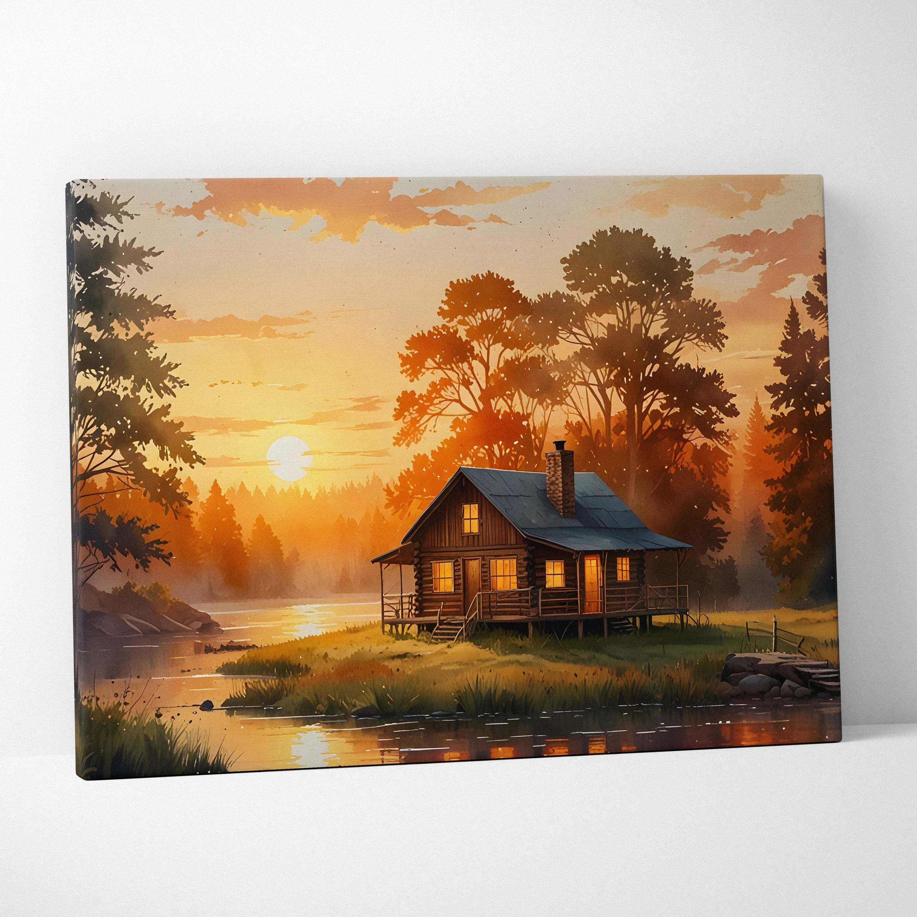 Canvas wall art of a cozy cabin by a lake at autumn sunset with vibrant watercolor trees and sky.