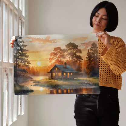 Watercolor sunset wall art poster depicting a cabin by a lake surrounded by trees and soft orange sky.