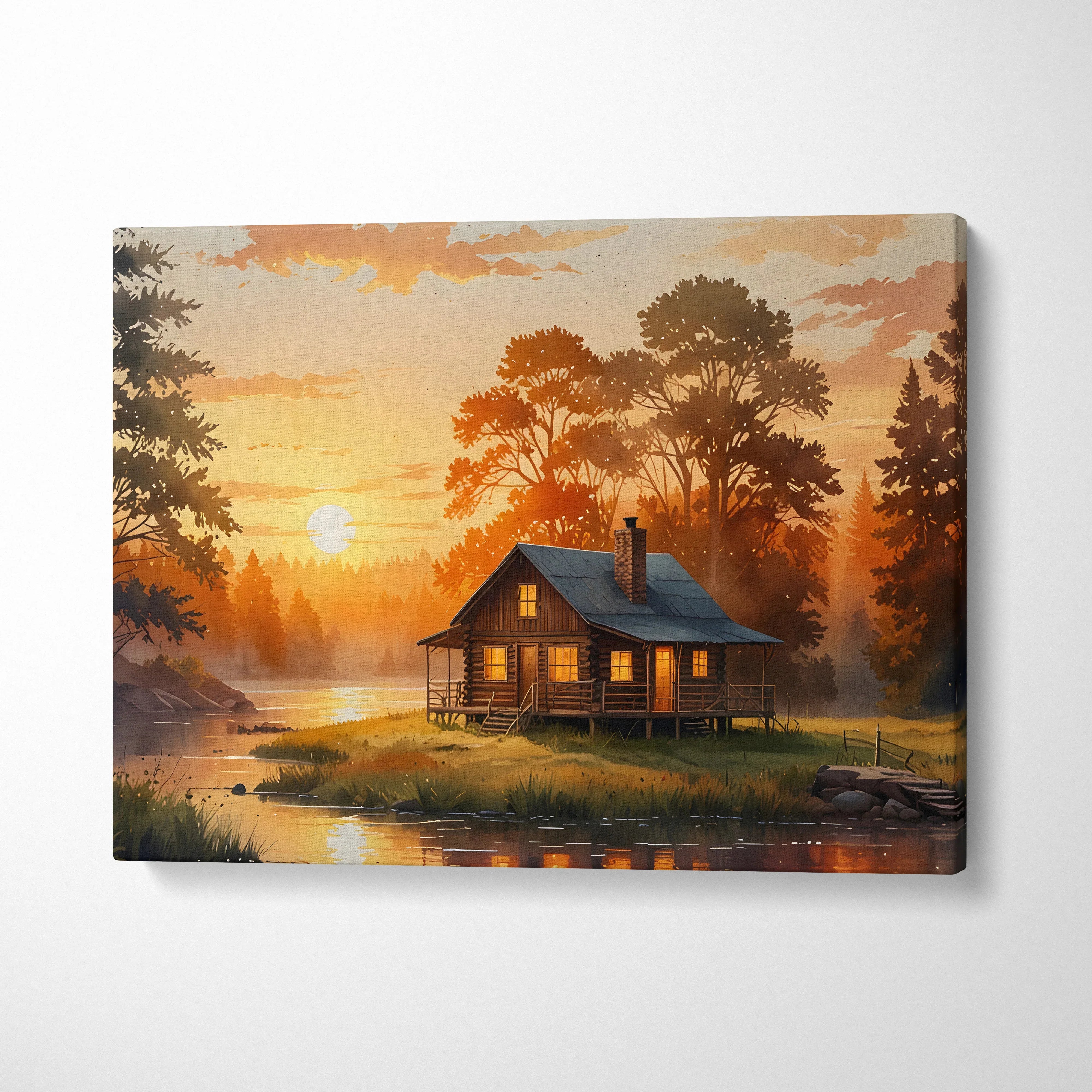Canvas wall art featuring a cozy cabin by a calm river at autumn sunset with warm watercolor tones.