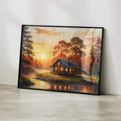 Serene sunset watercolor nature art poster featuring a cabin by a lake with trees, warm orange and yellow tones wall art.