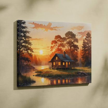 Autumn sunset watercolor canvas wall art featuring a cabin by a river surrounded by orange and red trees.