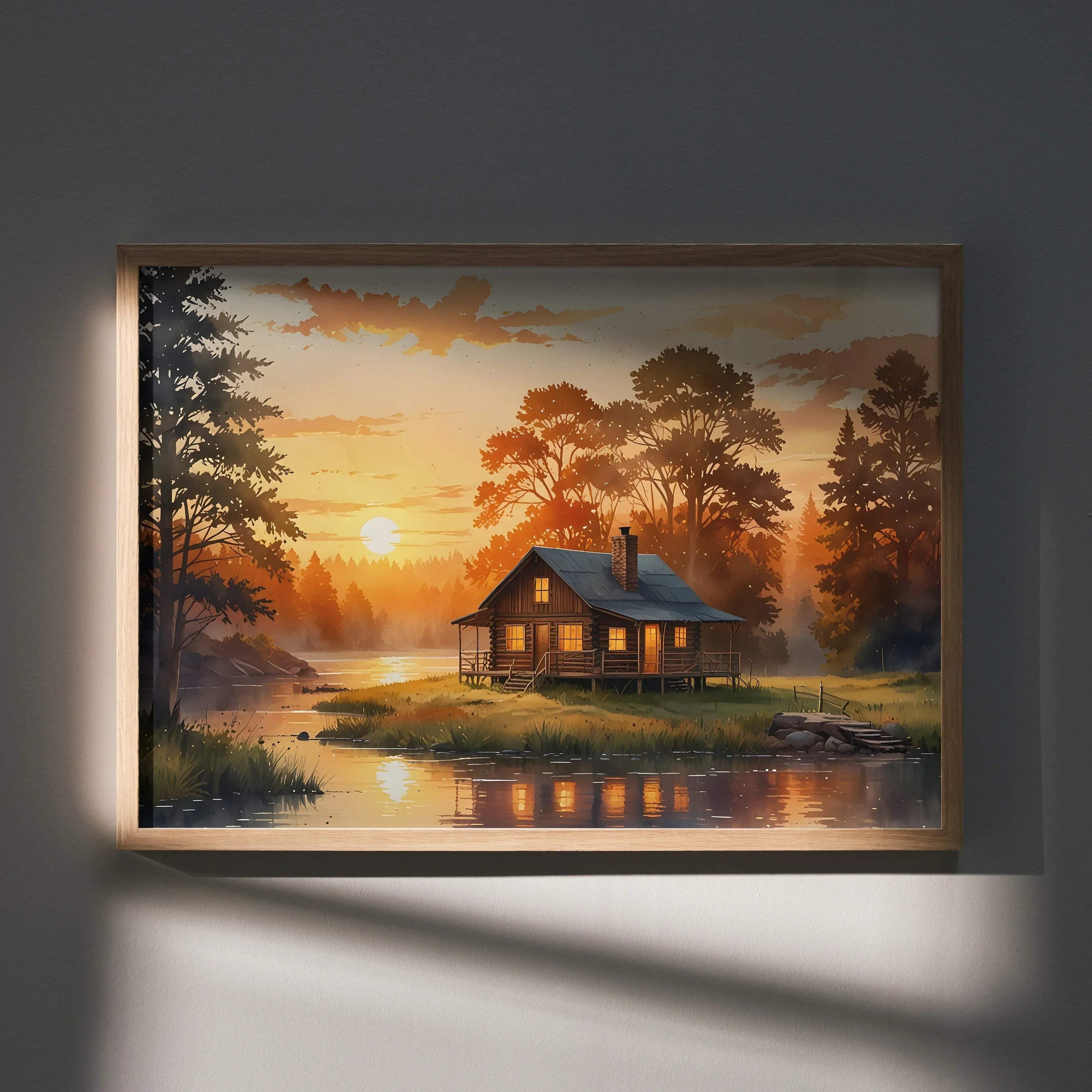 Serene sunset watercolor art poster showing a cabin by a river surrounded by tall trees and glowing sky wall art.
