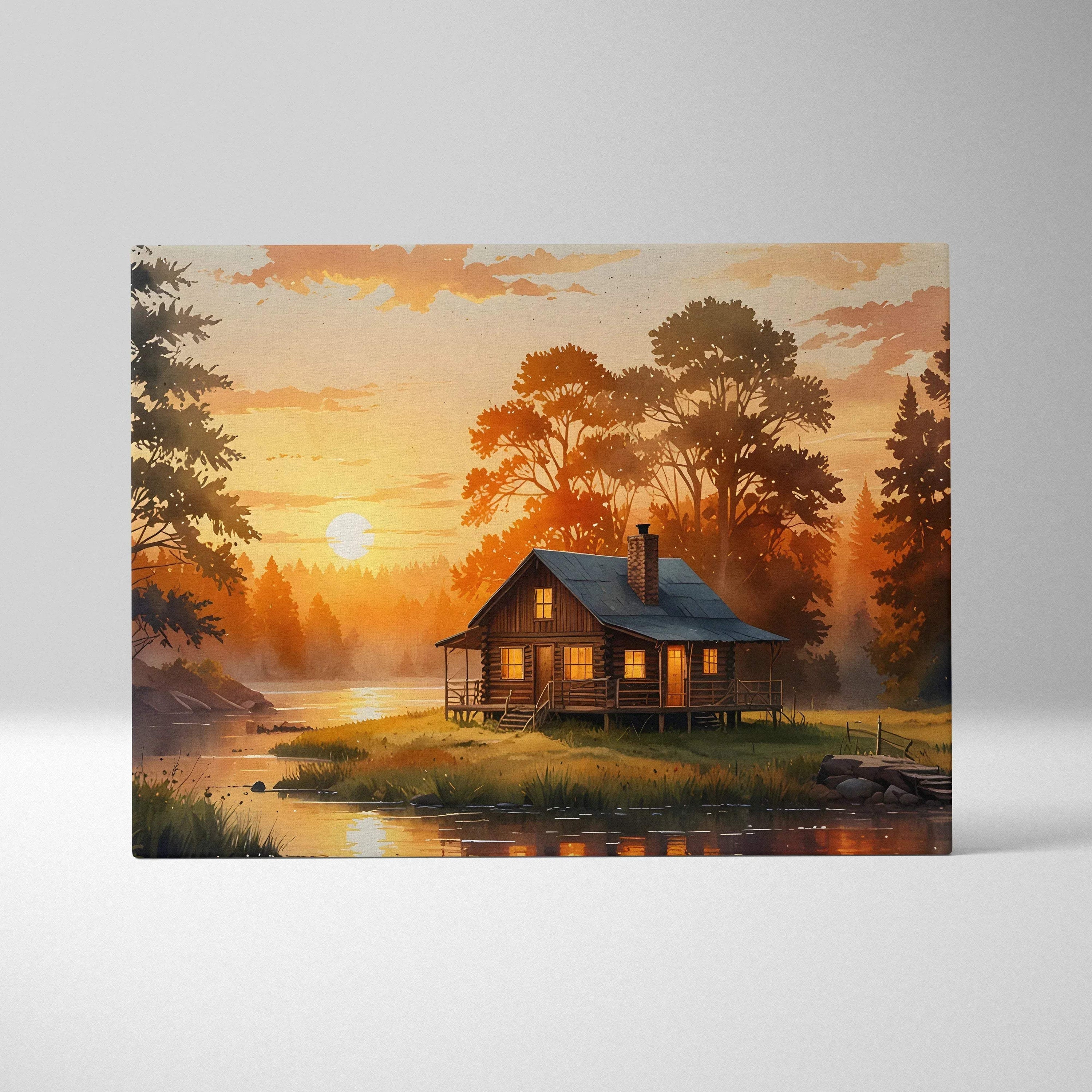Autumn sunset watercolor canvas wall art featuring a cabin by a lake with glowing warm light and trees.