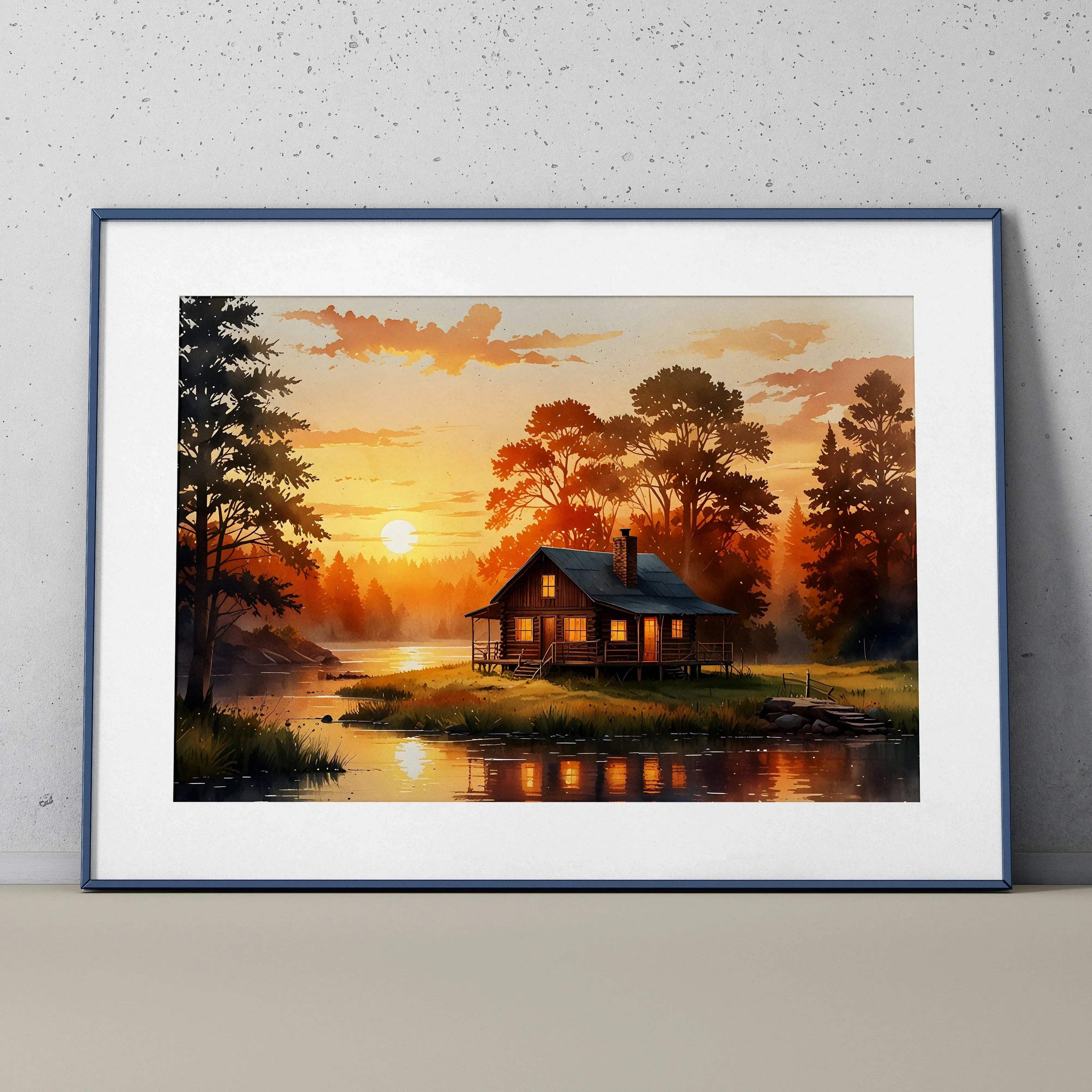 Serene Sunset watercolor nature art poster featuring a cabin by a river at dusk with warm orange and yellow tones wall art.