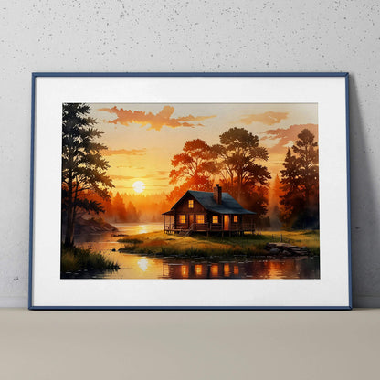 Serene Sunset watercolor nature art poster featuring a cabin by a river at dusk with warm orange and yellow tones wall art.