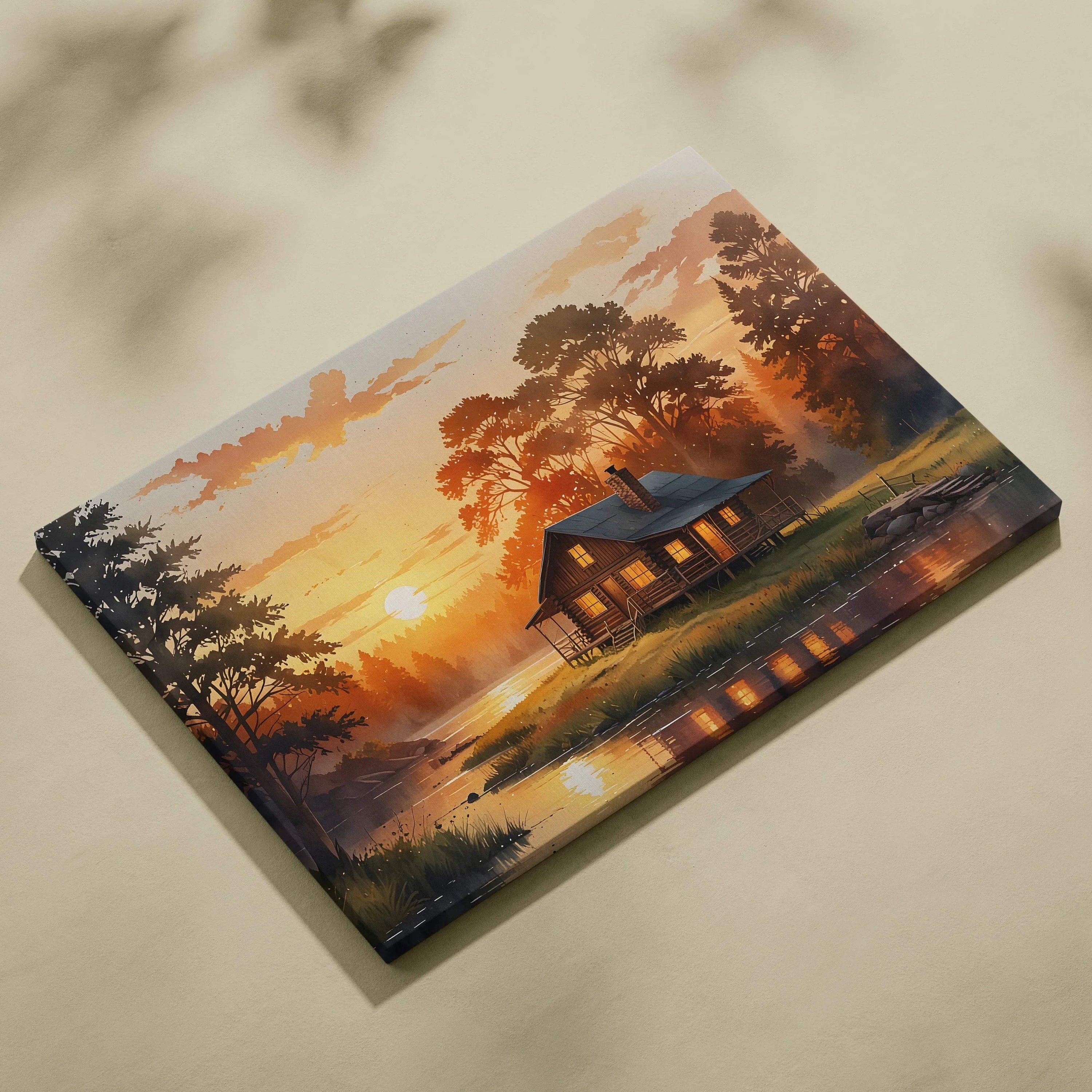 Canvas wall art of a cozy cabin by a lake at autumn sunset with vibrant watercolor trees.