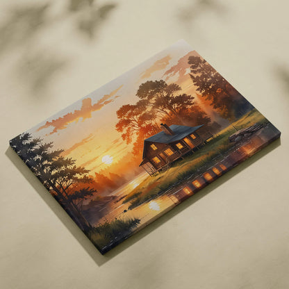 Canvas wall art of a cozy cabin by a lake at autumn sunset with vibrant watercolor trees.