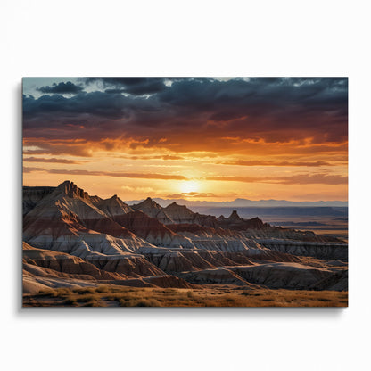 Vibrant watercolor poster of sunset over layered mountain ridges with dramatic sky wall art.