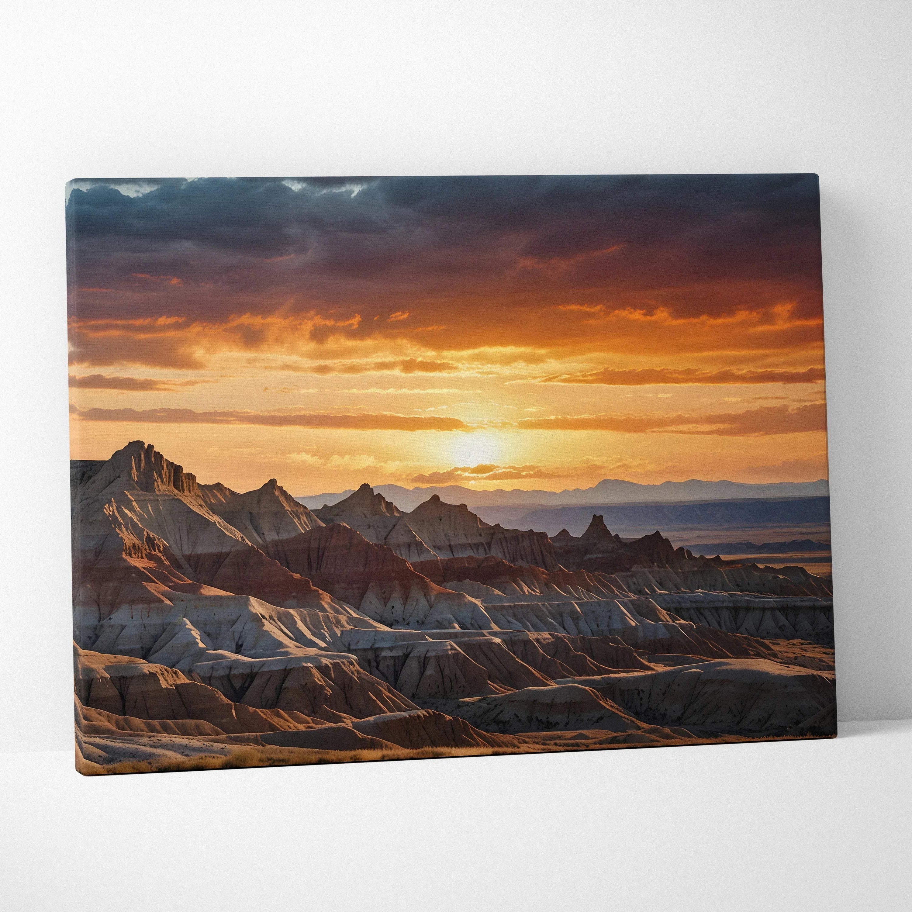Canvas wall art featuring a dramatic mountain landscape at sunset with rich orange and dark blue tones.