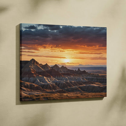 Canvas wall art of a sunset over rugged mountain peaks with dramatic clouds and warm golden light.