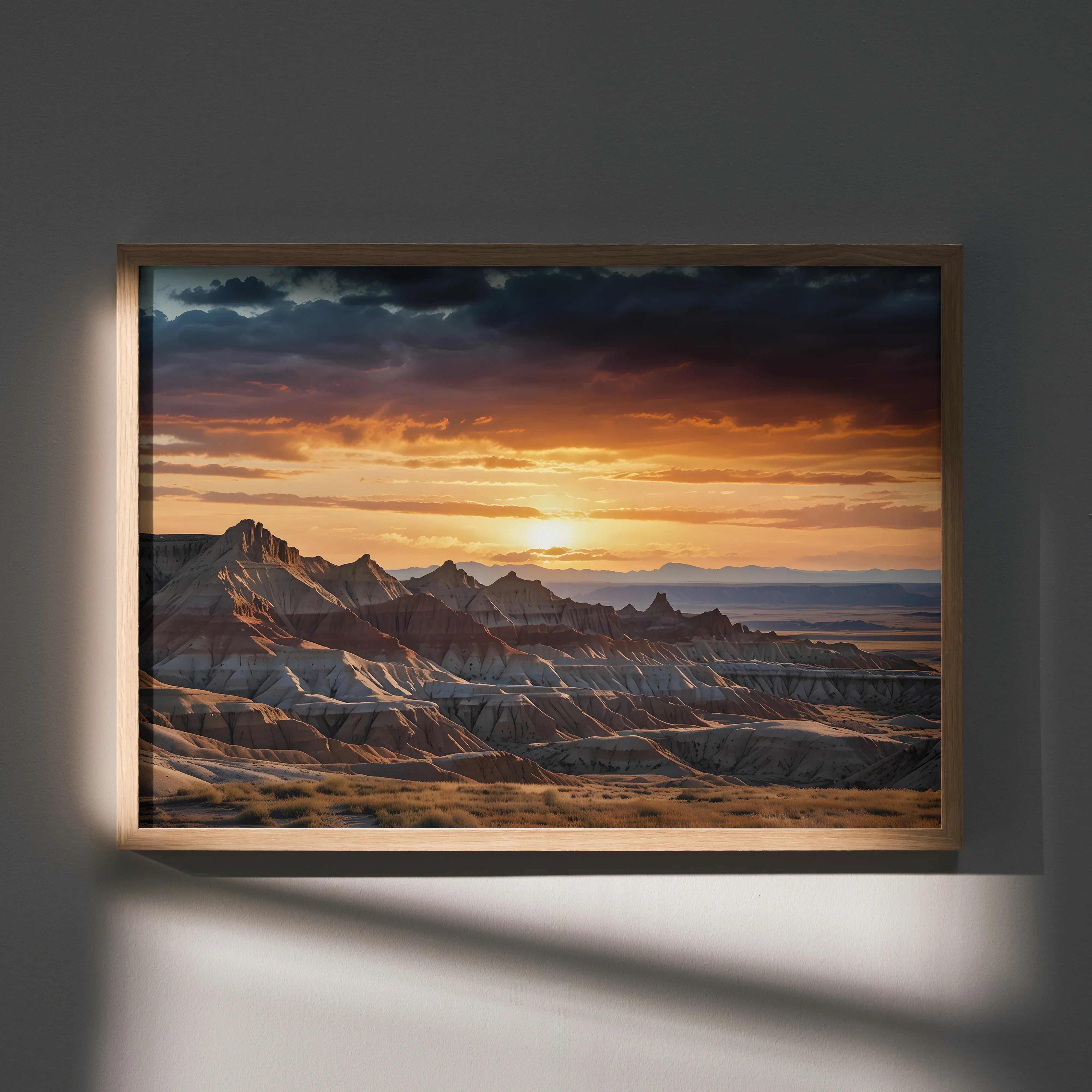 Watercolor sunset mountains poster with vibrant orange and purple sky wall art.