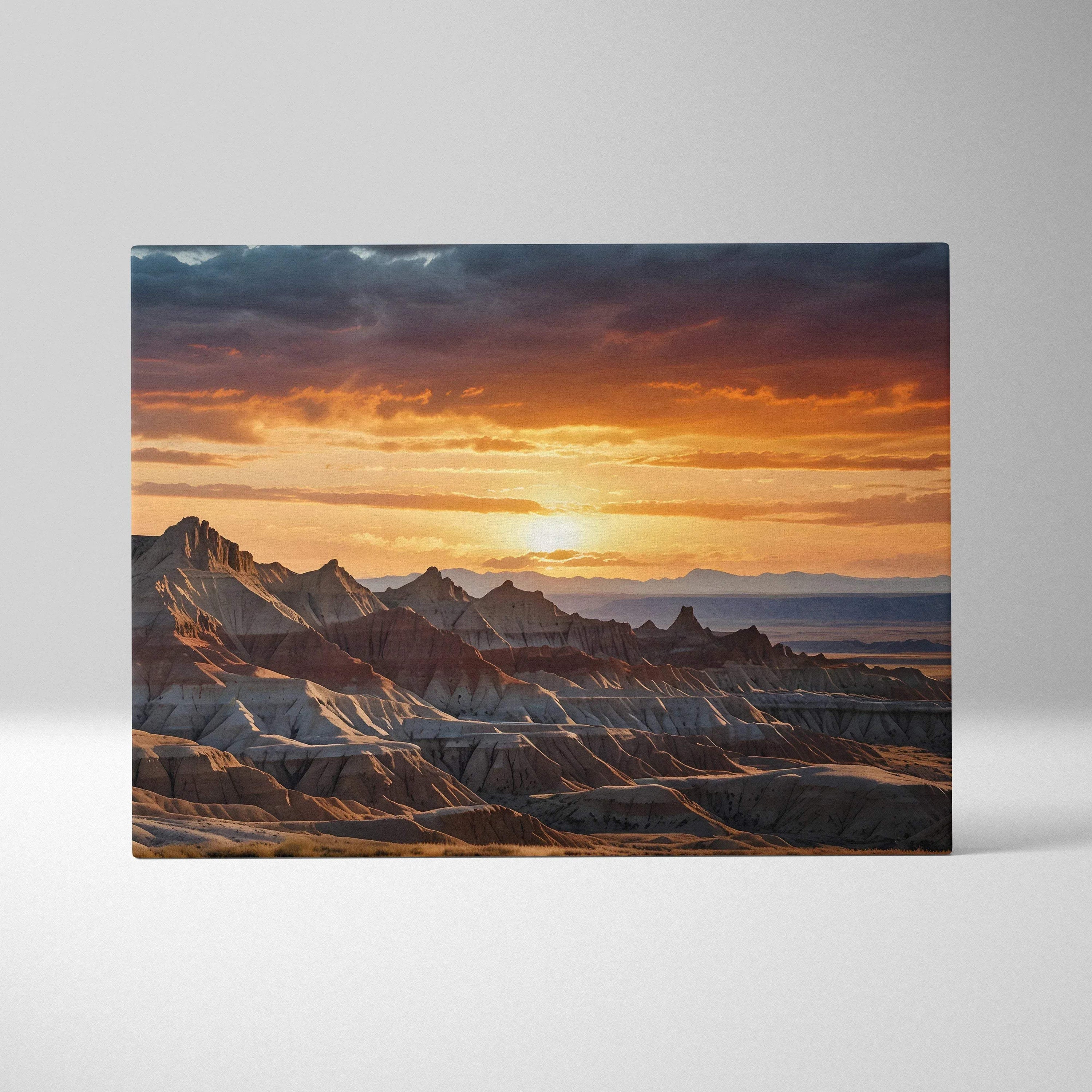 Canvas wall art of a mountain range at sunset with dramatic orange and blue sky colors.