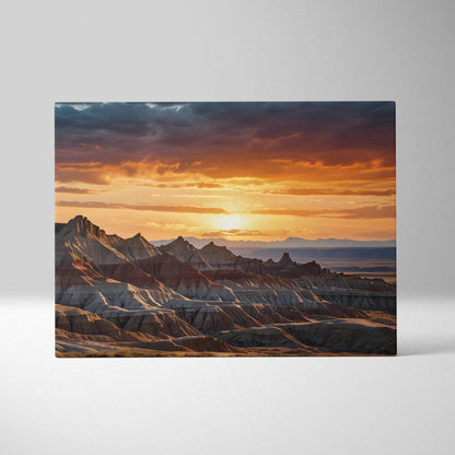 Canvas wall art of a mountain range at sunset with dramatic orange and blue sky colors.