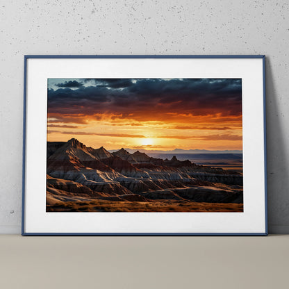 Sunset mountain landscape digital art poster with vibrant watercolor sky and layered ridges.