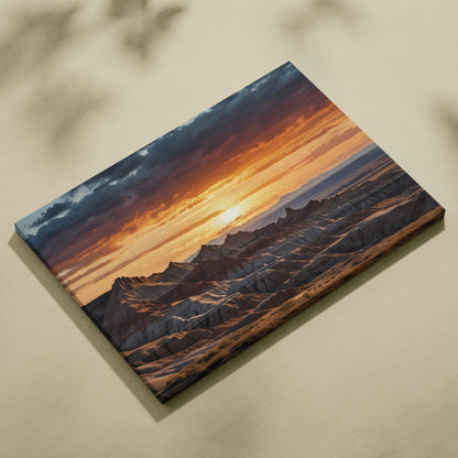Canvas wall art featuring a vibrant mountain sunset with layered ridges and a glowing sky.