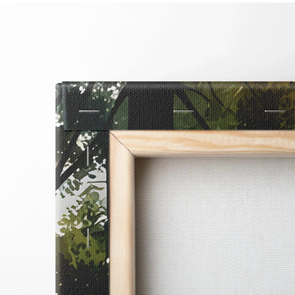 Close-up of wooden frame and stretched canvas corner with green watercolor forest design on wall art.