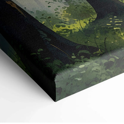 Watercolor sunset forest canvas wall art with deep green foliage and warm light accents on textured canvas.
