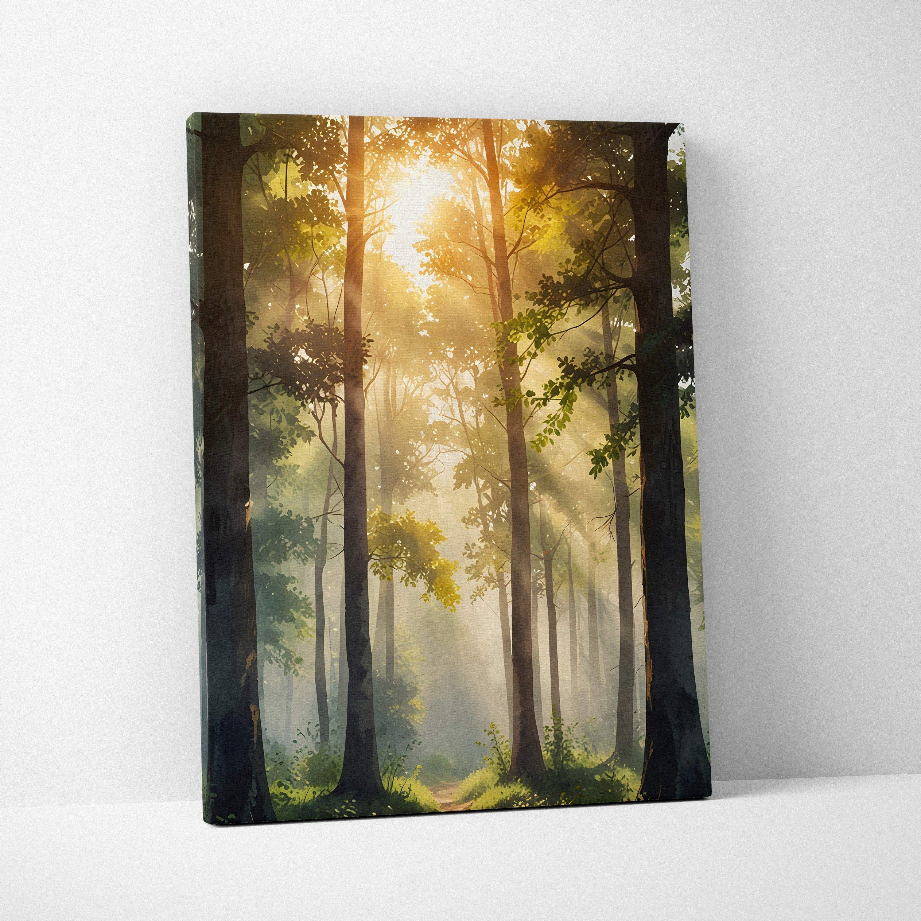 Vertical watercolor forest sunset canvas wall art with warm sunlight filtering through tall trees.
