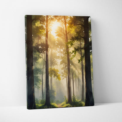 Vertical watercolor forest sunset canvas wall art with warm sunlight filtering through tall trees.