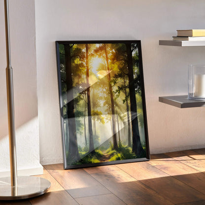 Vibrant watercolor forest wall art poster with sunlight filtering through tall trees, vertical design.