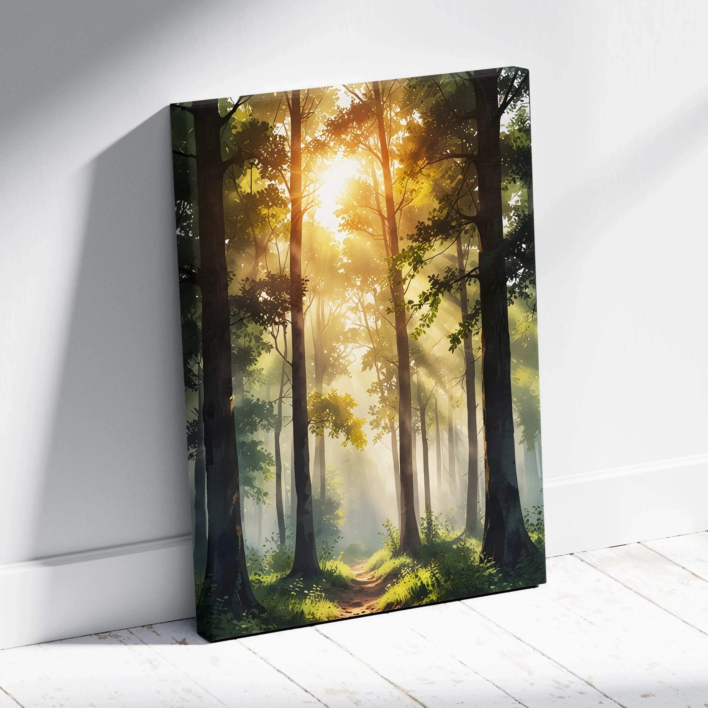 Vertical canvas wall art of a vibrant watercolor forest at sunset with sunrays filtering through tall trees.