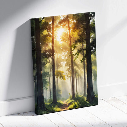 Vertical canvas wall art of a vibrant watercolor forest at sunset with sunrays filtering through tall trees.
