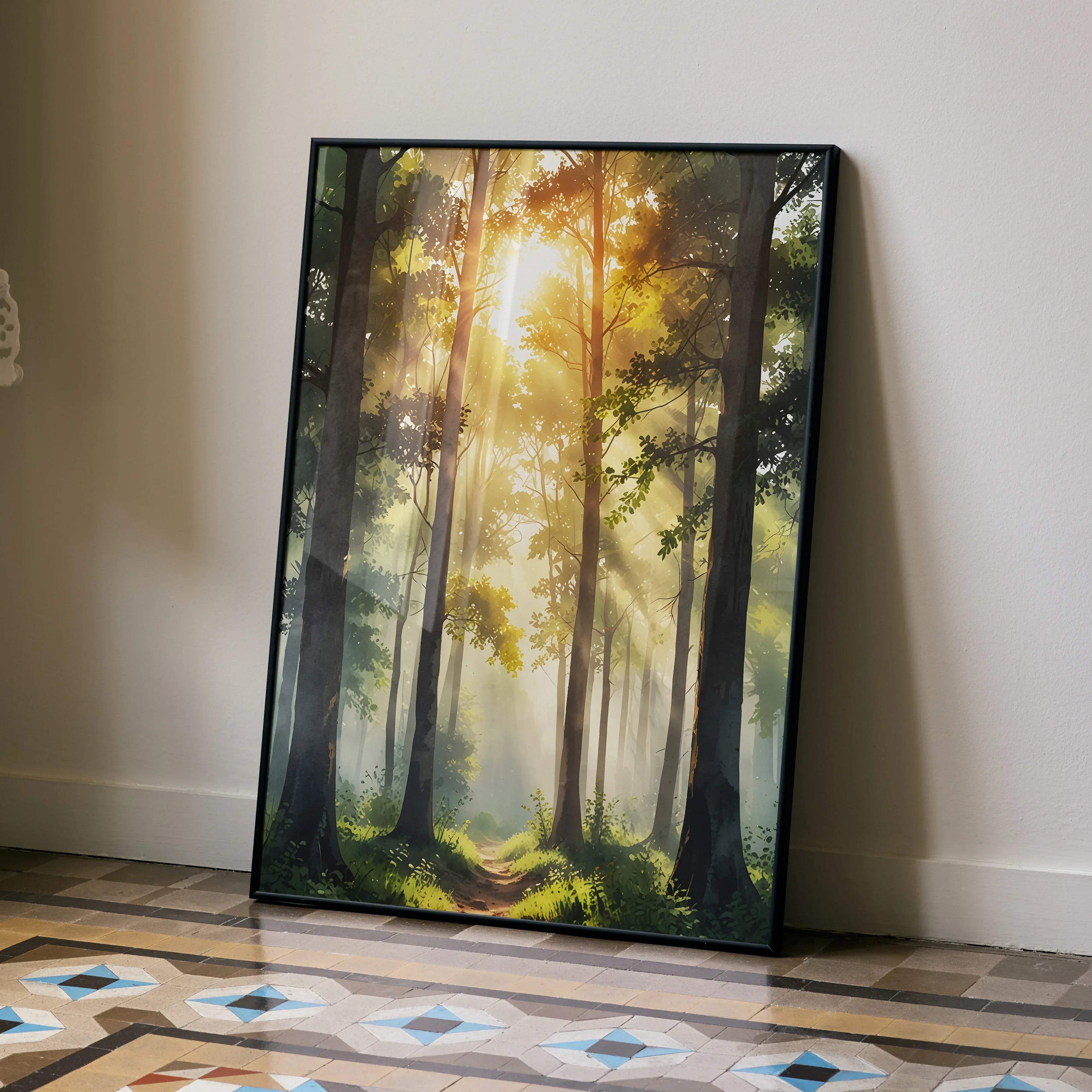 Black-framed canvas print of a sunlit forest with tall trees and golden light vibrant watercolor style vertical wall art