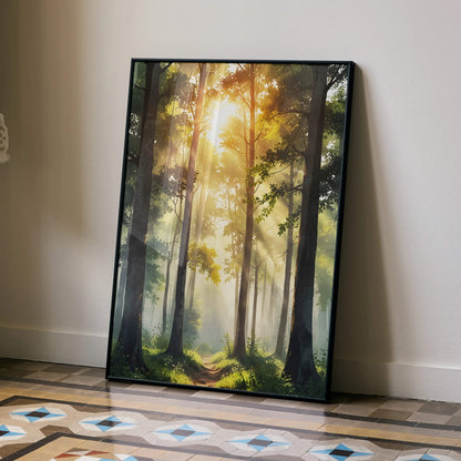 Vertical watercolor forest scene poster with sunlight streaming through tall trees wall art.
