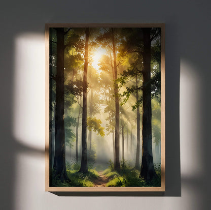 Vertical poster wall art featuring a vibrant watercolor forest scene with sunlight filtering through trees.