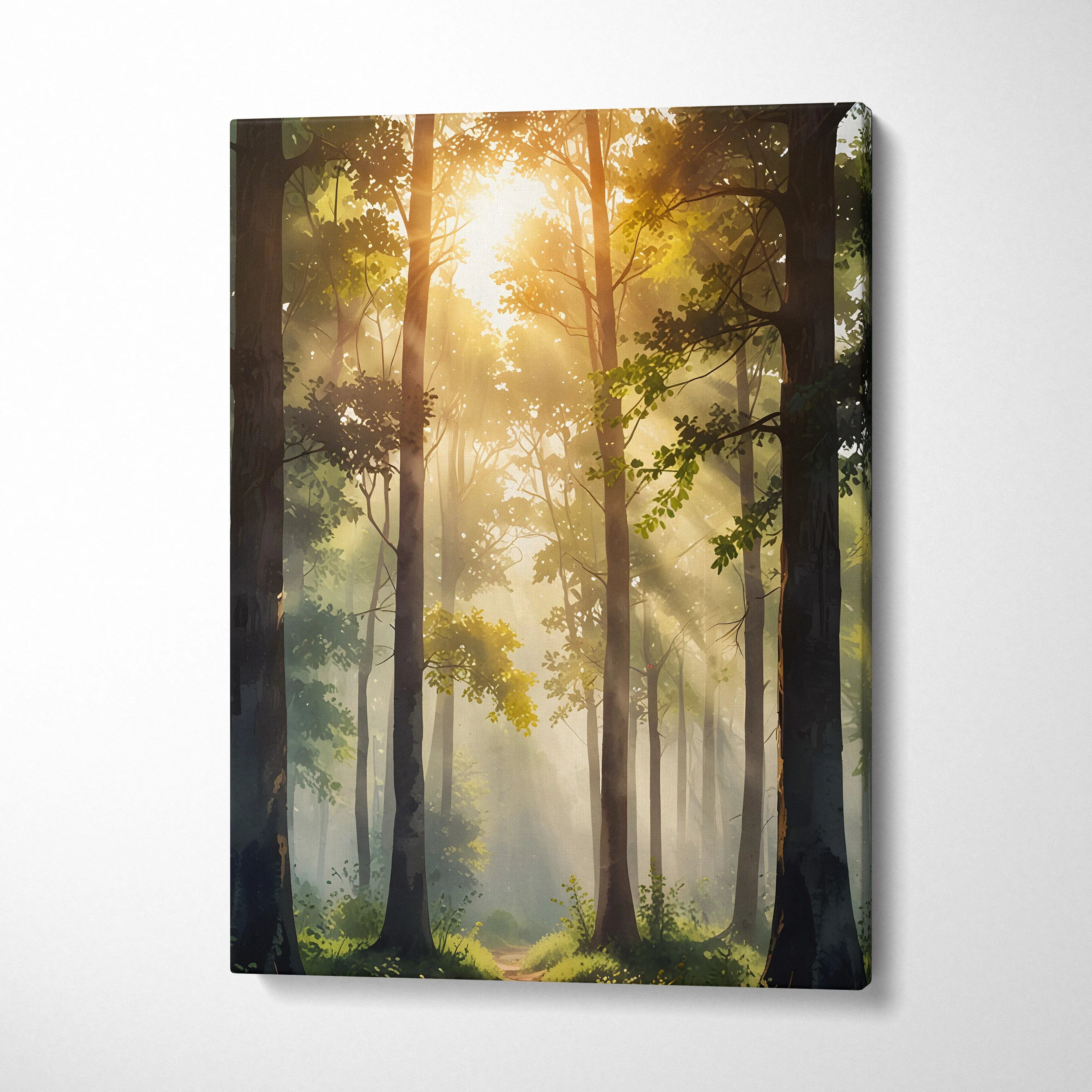 Vertical canvas wall art depicting a watercolor forest at sunset with golden light filtering through trees.