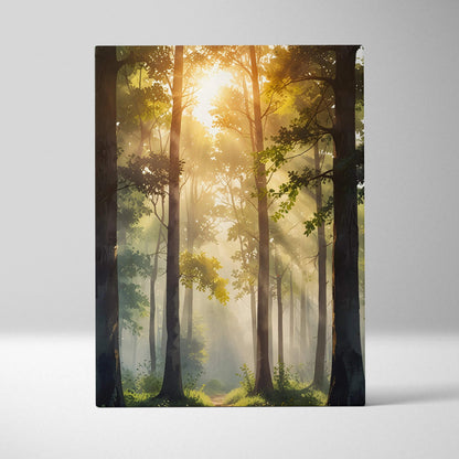 Vertical canvas wall art depicting a watercolor forest scene with golden sunset light filtering through tall trees.