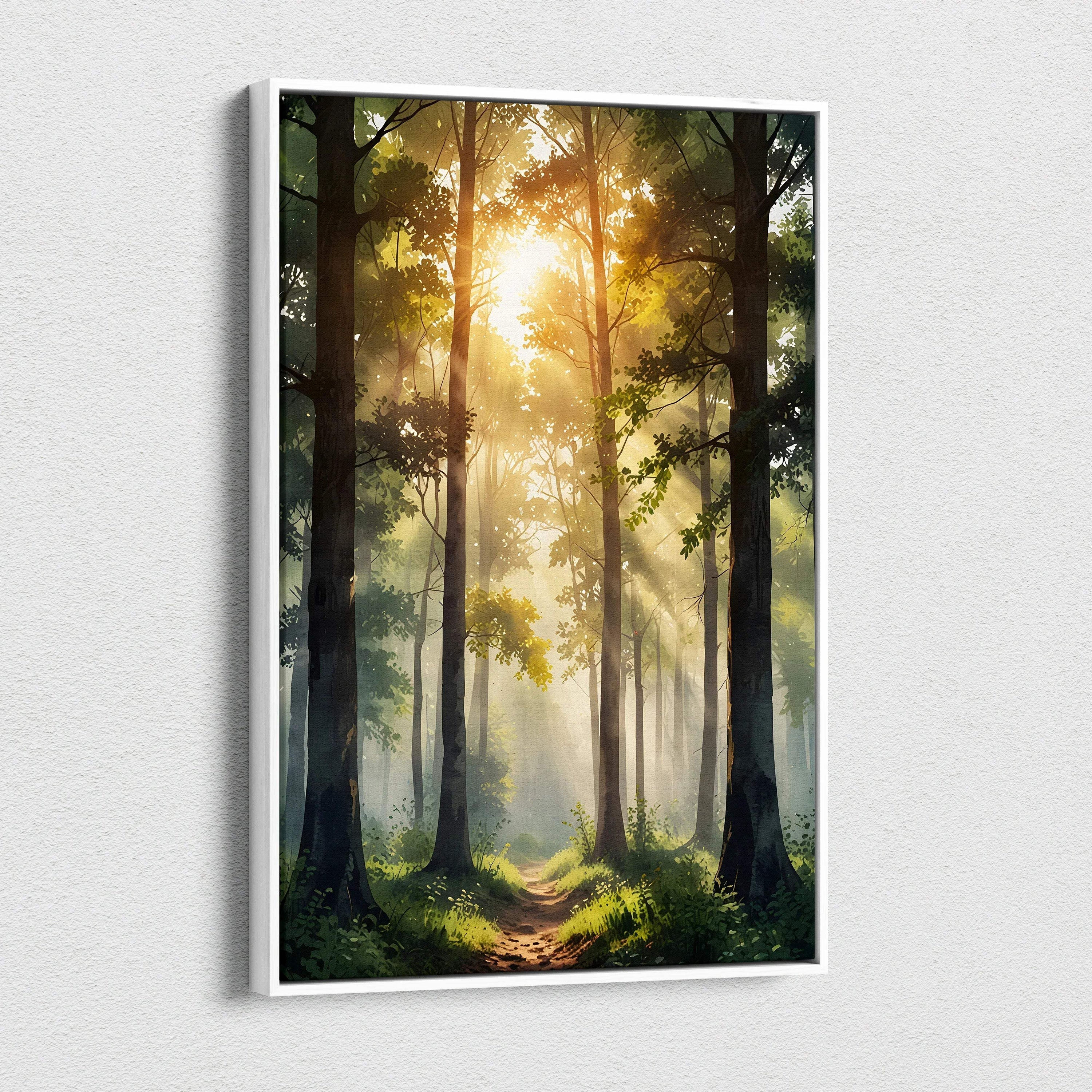 Sunset forest scene with golden light filtering through tall trees on canvas wall art.