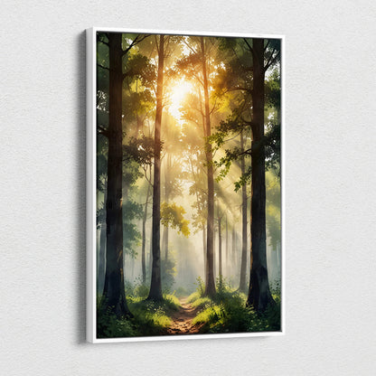 Sunset forest scene with golden light filtering through tall trees on canvas wall art.