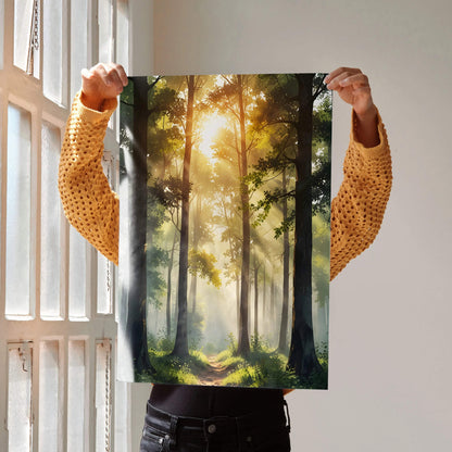 Vertical watercolor forest poster with sunlight filtering through tall trees, vibrant nature wall art.