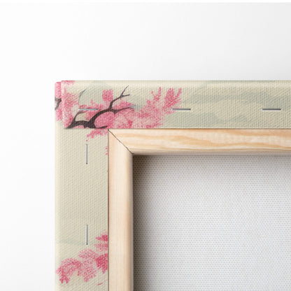 Pink mount fuji canvas wall art with light wood frame and delicate pink cherry blossom pattern on beige border
