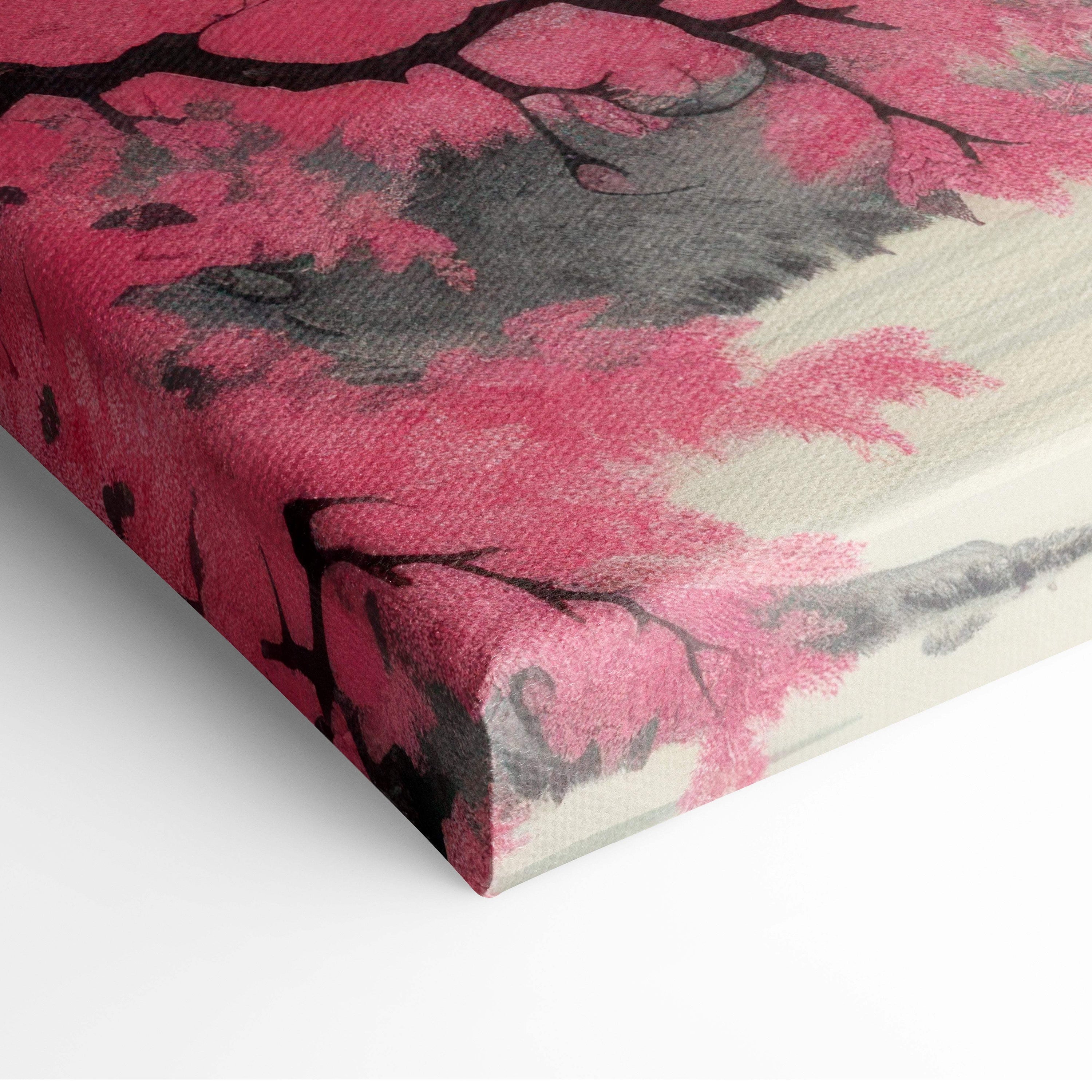 Pink mount fuji canvas wall art featuring vibrant pink cherry blossoms with black branches on textured white gallery wrap