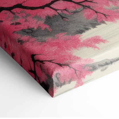 Pink mount fuji canvas wall art featuring vibrant pink cherry blossoms with black branches on textured white gallery wrap