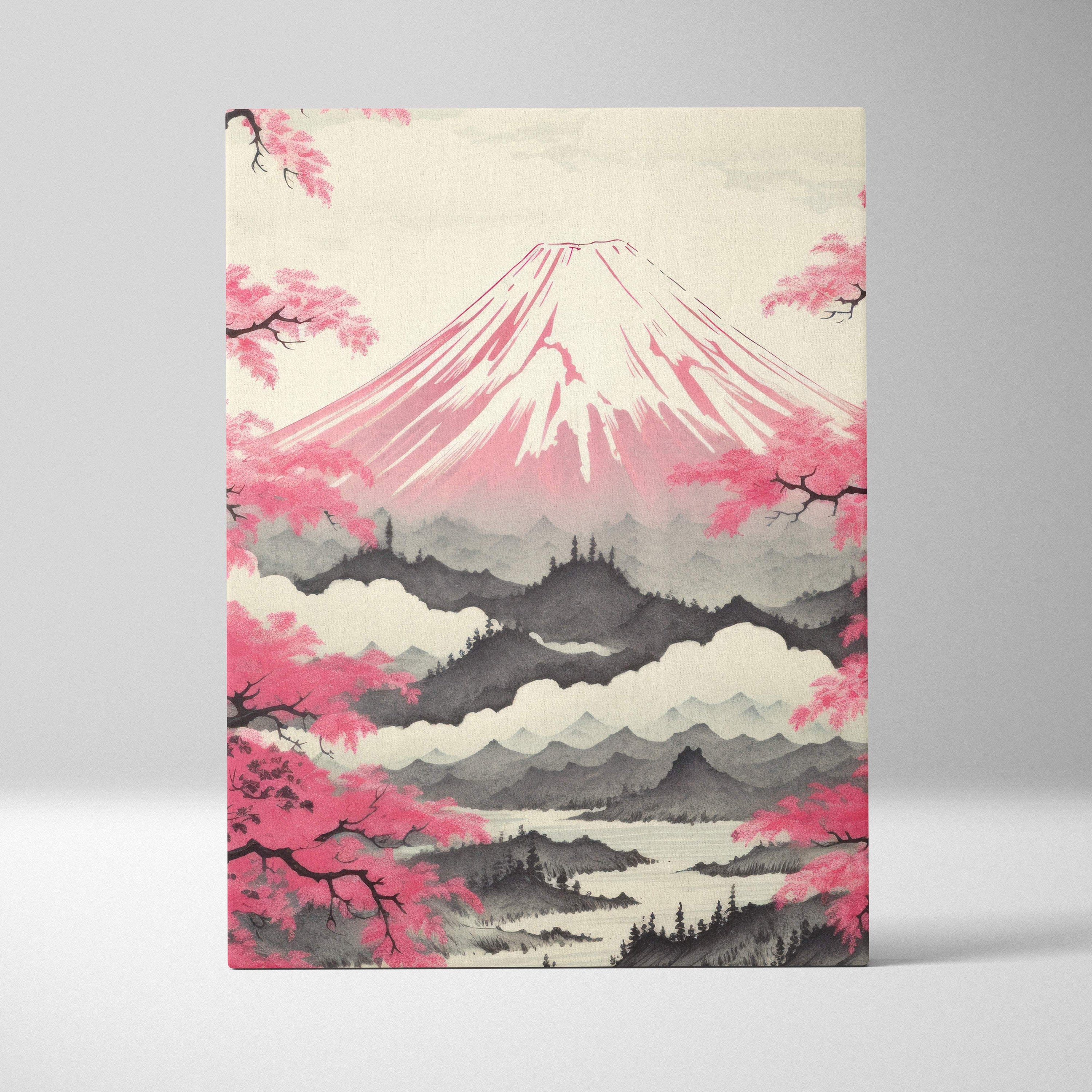 Pink mount fuji canvas wall art with stylized watercolor mountain and pink cherry blossoms in japanese landscape style