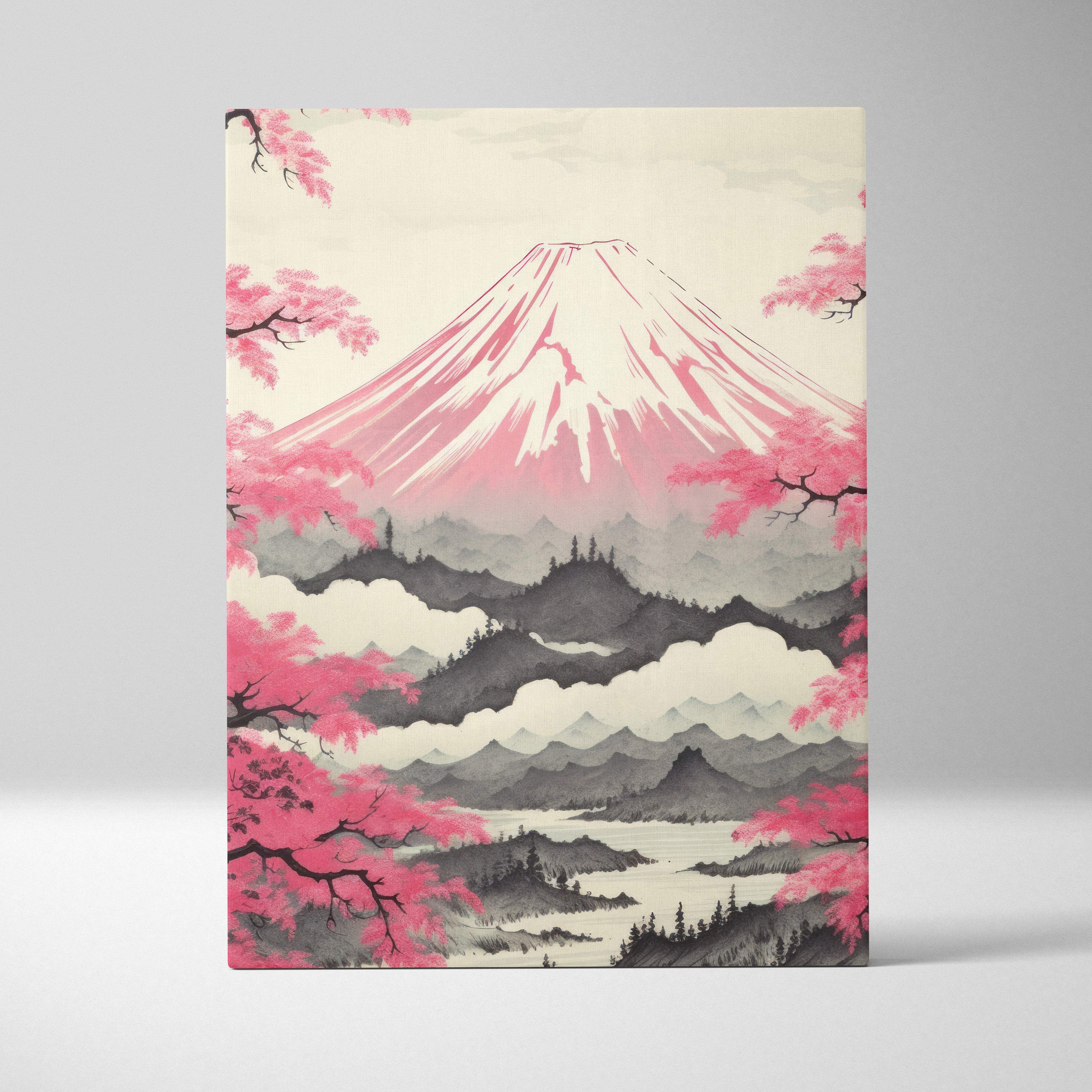 Pink mount fuji canvas wall art with stylized watercolor mountain and pink cherry blossoms in japanese landscape style
